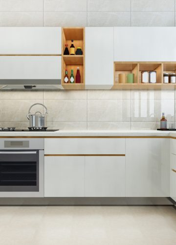 3d rendering modern kitchen counter with white and biege design